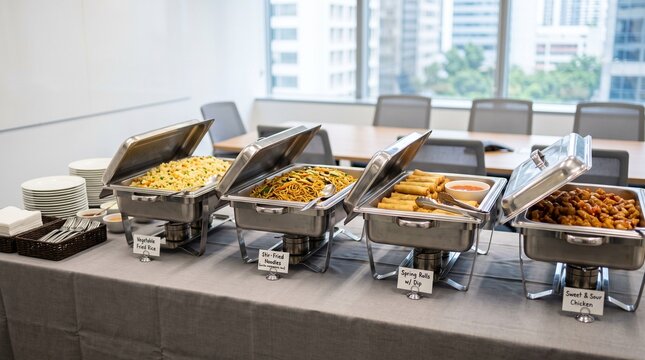 Catering buffet food in a modern office meeting room for corporate event lunch service
