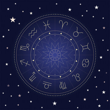Astrology zodiac signs arranged in a circular pattern with stars in a dark sky