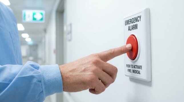 Emergency alarm button being pressed in a medical facility hallway, illustrating fire medical alert system preparedness.