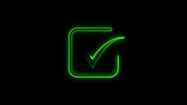 Checklist completion visual features a green neon check mark graphic. Square checkbox outline surrounds the check mark. Approved task status displays this check mark.