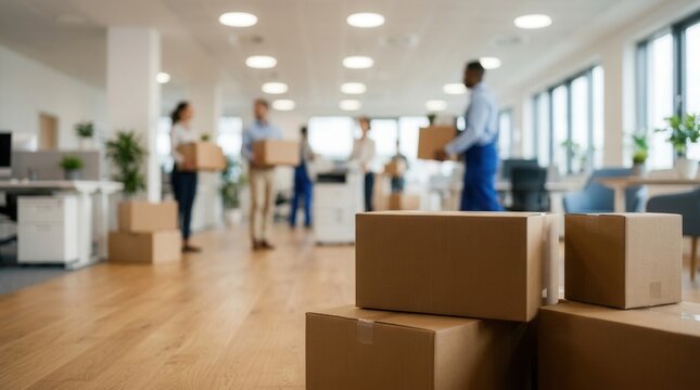Office workers coordinating as movers lift outdated filing cabinets and broken furniture with cardboard boxes stacked neatly in a clean design office background.