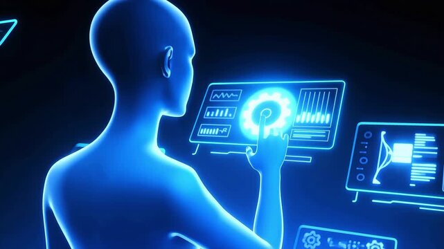 Human silhouette interacting with futuristic digital interface.
