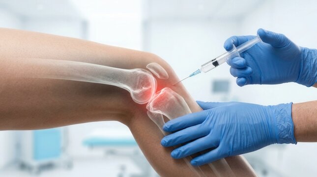 Non-surgical orthopedics treatment for knee osteoarthritis featuring a clinician performing an injection therapy for joint pain management.