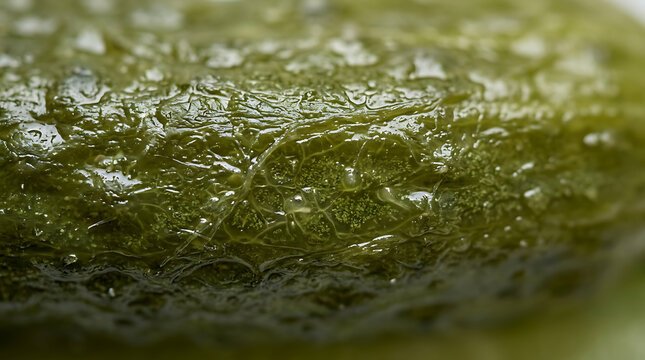 Extreme close-up macro shot of a brined dill pickle texture with water droplets.
