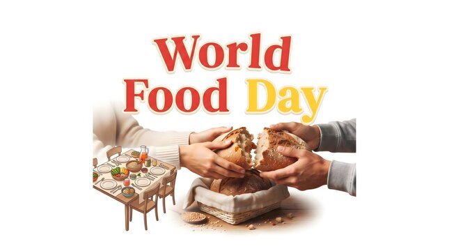 Hands breaking bread world food day banner for community hunger relief and sharing charity.