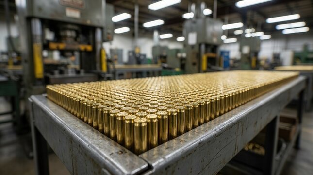 Military factory production line with rows of brass cartridges, representing weapon manufacturing, defense industry, and ammunition supply.