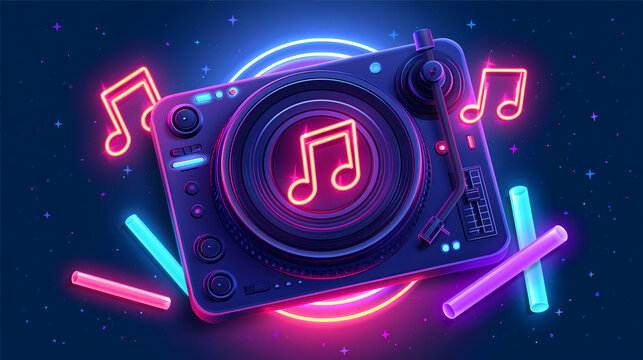 A digital illustration of a turntable with glowing neon music notes and bright light effects set against a dark starry background for a music party concept