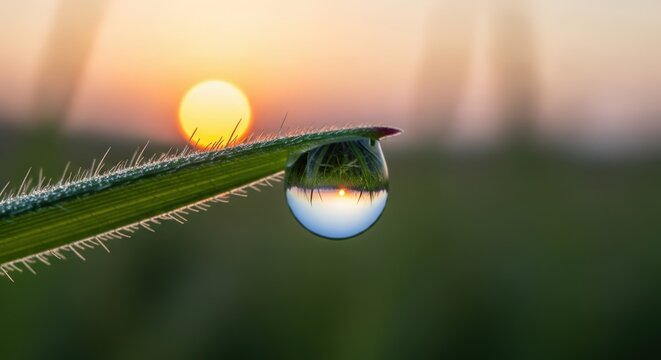 A perfect dewdrop on a blade of grass captures the reflection of a golden sunrise.