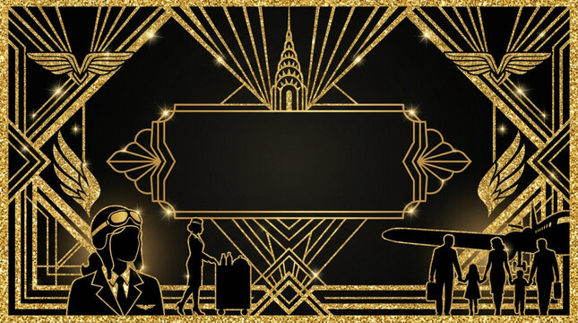 Art Deco aviation background with gold glitter frame, vintage 1920s travel poster, Gatsby style pilot and airplane silhouettes