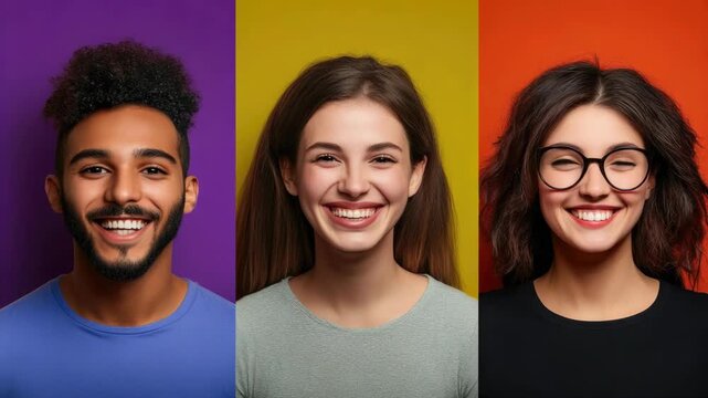 Triptych Portrait of Diverse People Smiling in Vibrant Color Panels