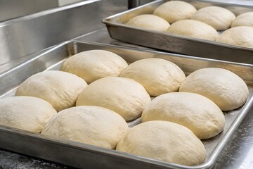 Fototapeta premium Pizza Dough Balls in Metal Trays on Spotless Commercial Kitchen Counter for Authentic Restaurant Preparation