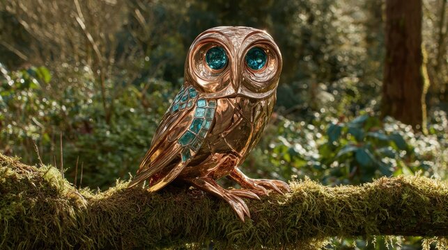 Ornate copper owl effigy with teal eyes perched on a mossy branch in a forest setting