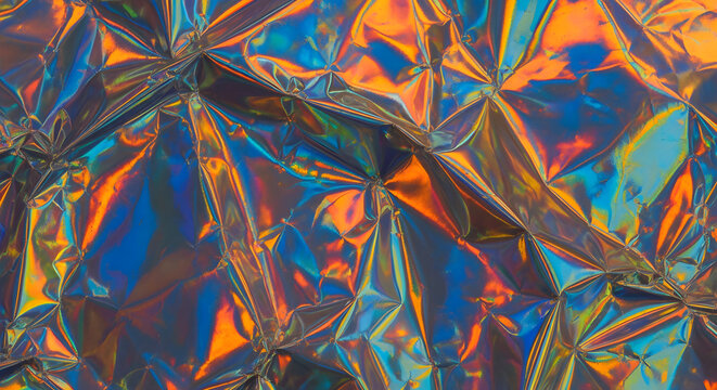 Iridescent holographic foil background with crumpled metallic texture and vibrant neon colors