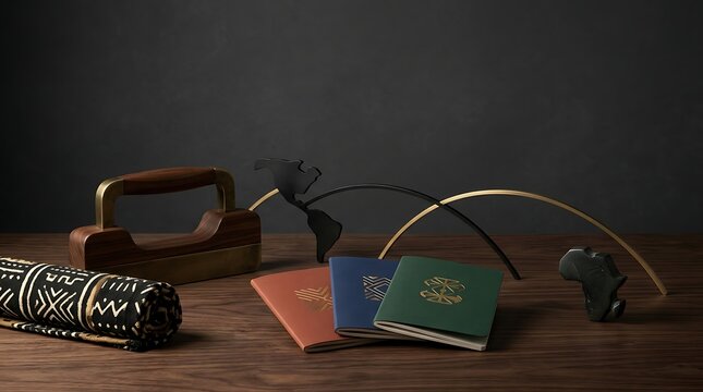 Passports in three different colors lie on a wooden table next to a patterned fabric roll and decorative globes.