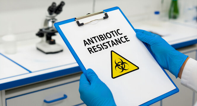 Researcher holding clipboard with Antibiotic Resistance text and biohazard icon. Scientist reviewing bacterial infection data in laboratory. Healthcare safety concept for medical public awareness.