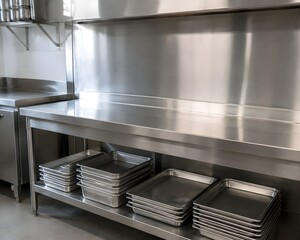 Obraz premium Stainless Steel Kitchen Workbench with Empty Sheet Pans Polished Backsplash and Clean Commercial Preparation Workspace