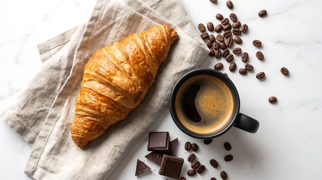 Fresh croissant with espresso coffee and coffee beans on counter