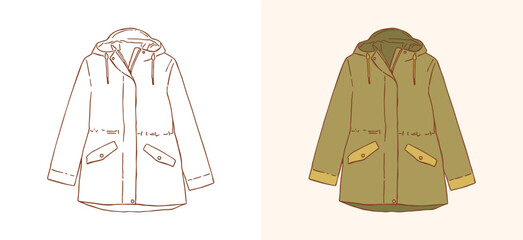 Cozy autumn parka jacket vector illustration featuring an outdoor waterproof coat with a hood, drawstring waist, pockets, and snap buttons in cozy cottagecore style. © Meryama