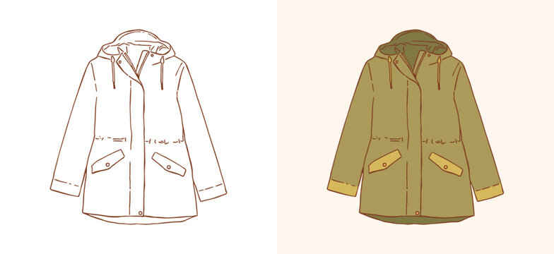 Cozy autumn parka jacket vector illustration featuring an outdoor waterproof coat with a hood, drawstring waist, pockets, and snap buttons in cozy cottagecore style.