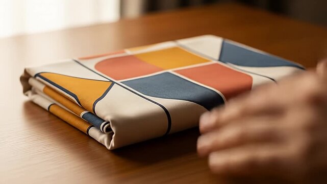 Folded fabric with geometric pattern on a wooden surface with blurred hands nearby
