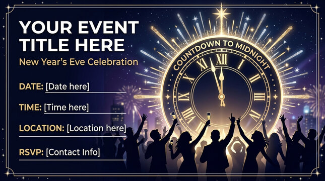 New Year's Eve Celebration invitation template, countdown to midnight clock with gold accents, festive party flyer with dancing silhouettes