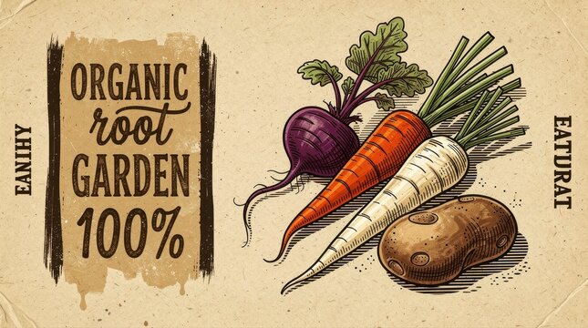 Vintage hand-drawn root vegetables including carrot, beet, and potato on rustic paper. Retro engraving style with organic garden text. Healthy food and agriculture concept for labels and marketing.