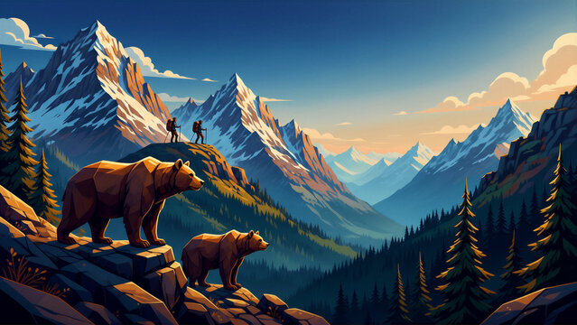Two grizzly bears standing on a rocky mountain ridge overlooking distant hikers. Stylized illustration of a vast alpine landscape with snow peaks and pine forests. Nature adventure concept art.