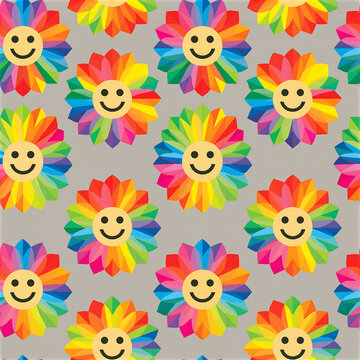 Rainbow Smiley Flower Seamless Pattern