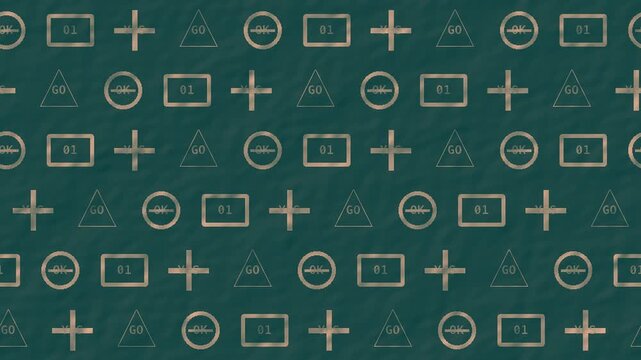 Peach and teal rubber stamp symbol grid with rhythmic horizontal movement