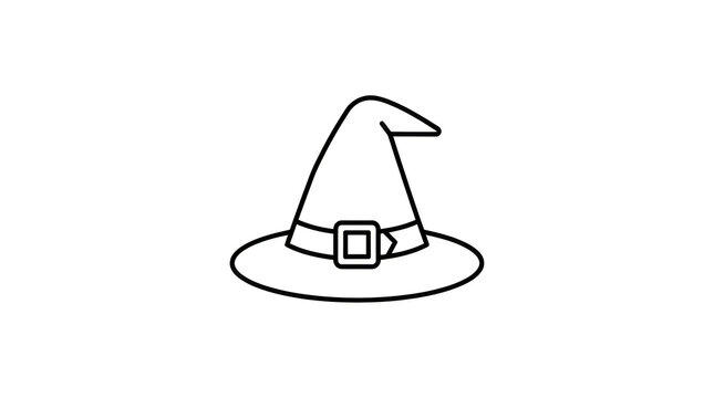 Simple black outline drawing of a classic witch hat with a buckle for halloween celebration design elements and spooky costume theme graphics