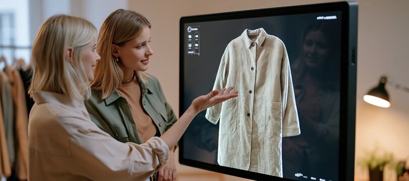 Stylist and client comparing physical coat to digital twin in modern studio
