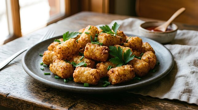 Golden crispy tater tots piled on matte ceramic plate, garnished with fresh parsley and chives, served with ketchup dip on rustic wooden table