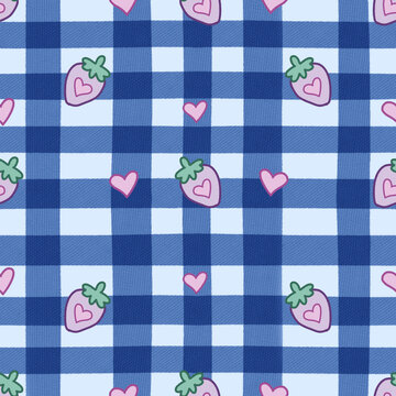 Purple strawberries with pink hearts on blue plaid pattern