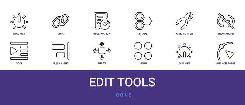 Set of 12 outline web Edit Tools icons such as anchor point, dial off, menu, resize, align right, tool, broken link vector icons for report, presentation, diagram, web design, mobile app