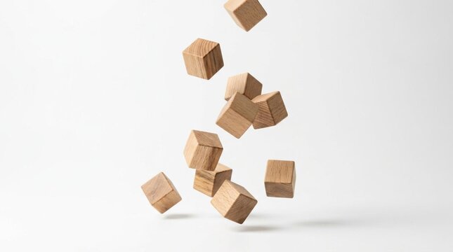 Small natural wooden cubes tumbling in mid-air against a seamless white studio backdrop, motion frozen with high-speed photography, scattered arrangement, minimalist product concept
