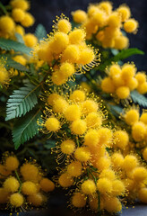 Naklejka premium Mimosa flowers in bloom, spring and nature concept, bright yellow floral background with green leaves