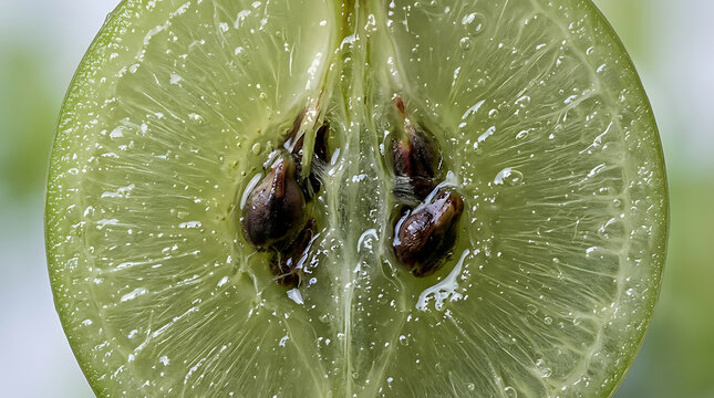 Macro shot of juicy green grape cut in half, showing seeds and pulp