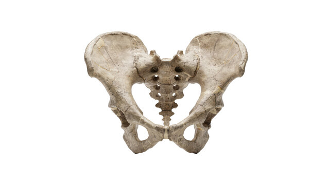 Anatomical view of a human pelvic bone structure with sacrum and coccyx isolated on a transparent background