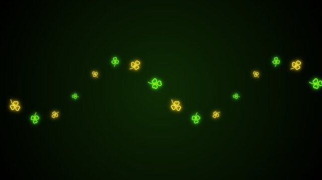 Glowing neon shamrocks arranged in a wavy pattern on a dark background