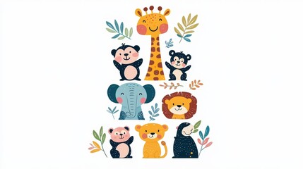 Fototapeta premium Adorable Cartoon Animals with Giraffe, Panda, Elephant, Lion, and Playful Designs