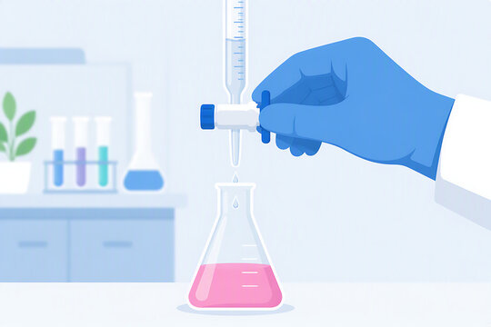 Flat Vector Illustration of Chemist Performing Titration with Burette and Flask in Modern Science Laboratory