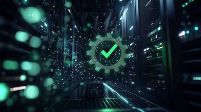 Futuristic data center corridor glowing with green cyber security check mark, server racks, digital network protection, cloud computing infrastructure advanced technology verification system concept