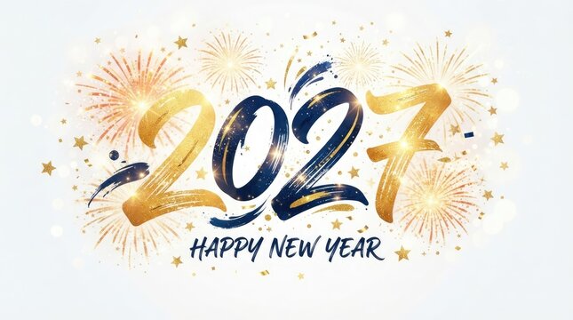 2027 happy new year gold and blue brush stroke typography