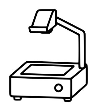 Clean minimalist vector icon of a vintage overhead projector, ideal for educational presentations or office meetings. This detailed line art illustration showcases the base, arm, and lens head.