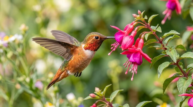 Hummingbird with iridescent feathers hovering near vibrant pink fuchsia flowers in a lush garden setting, showcasing nature's beauty and intricate details of pollination