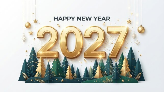 Happy new year 2027 gold 3d numbers with christmas trees