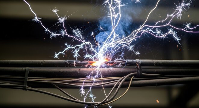 Intense electrical sparks and smoke erupt from a short circuit in power cables.