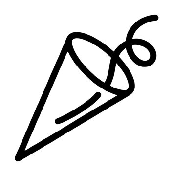 Hand-drawn party popper vector icon with a festive cone and curly streamer, ideal for celebration graphics, birthday invitations, and holiday event illustrations in a minimalist line art style.