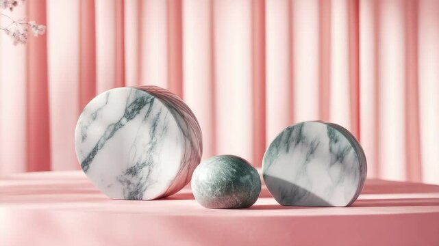 Minimalist marble cylinders and sphere on a soft pink fabric background