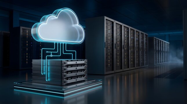 Glowing digital cloud icon floating over server racks in dark data center for cloud computing technology concept
